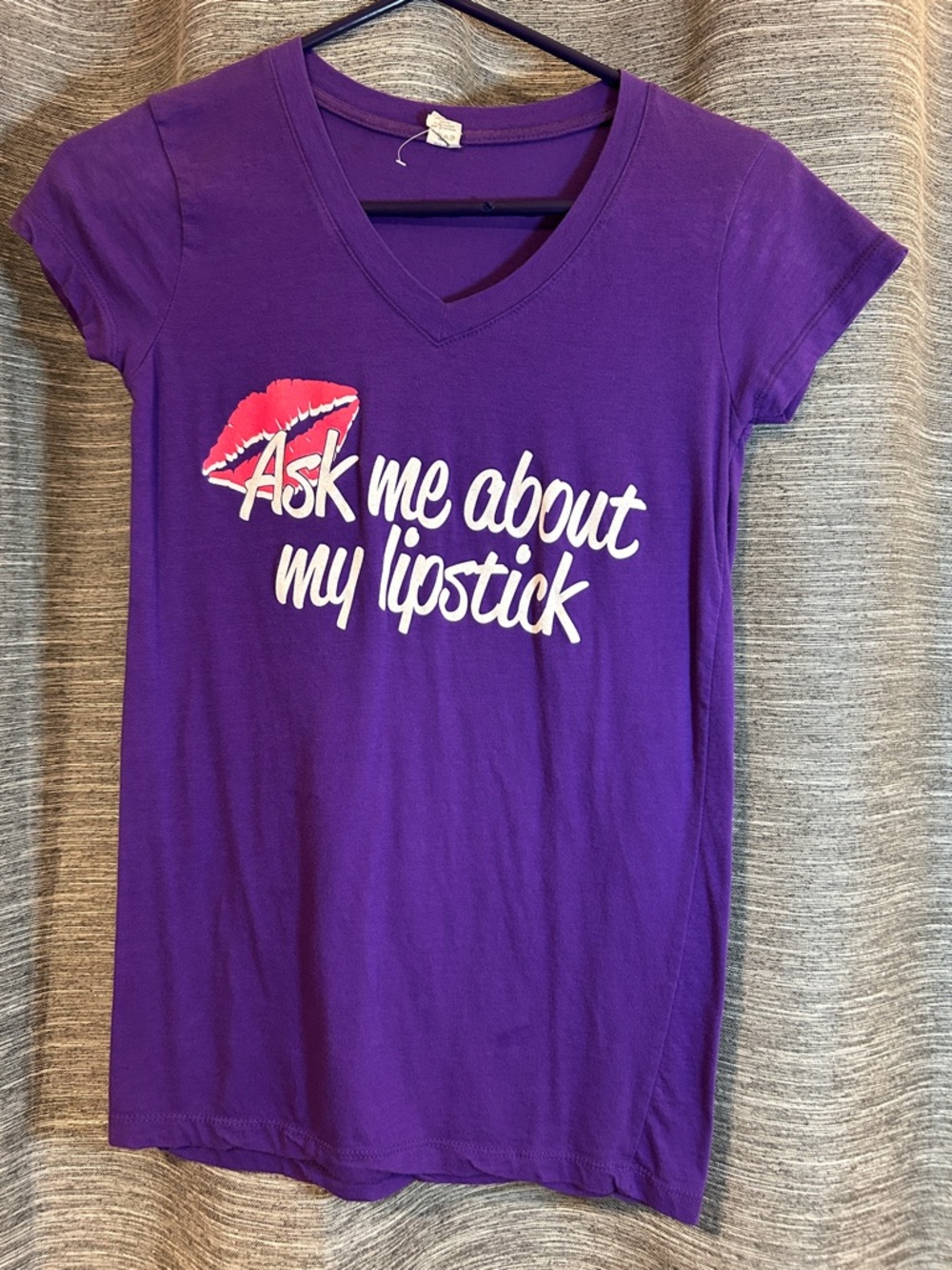 Purple Graphic Tee with Lipstick Slogan Size Medium